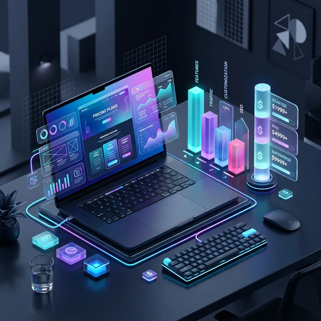 Modelado 3D isométrico mostrando un portátil moderno con gráficos de precios y analítica de desarrollo web en tonos azul y violeta